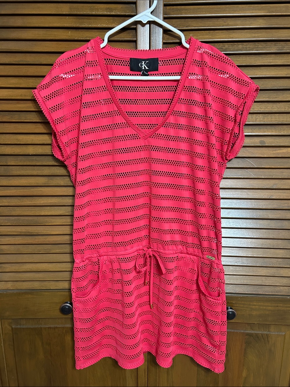 Calvin Klein V-Neck Mesh Stripe Swim Beach Cover-up Tie Waist & Pockets Size S